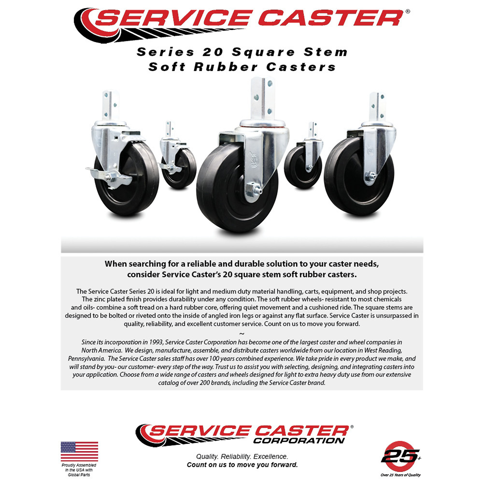 Service Caster, 4in. x 1 1/4in. Stem Casters, Wheel Diameter 4 in, Caster Type Swivel, Package (qty.) 4, Model# SCC-SQ20S414-SRS-PLB-78-2-S-2